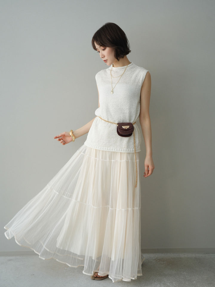 [予約]ラメプリーツレイヤードチュールロングスカート/ivory