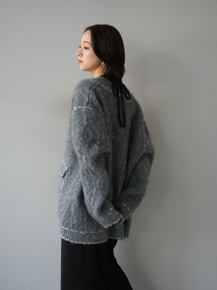 [予約]ステッチVネックニットカーディガン/グレー