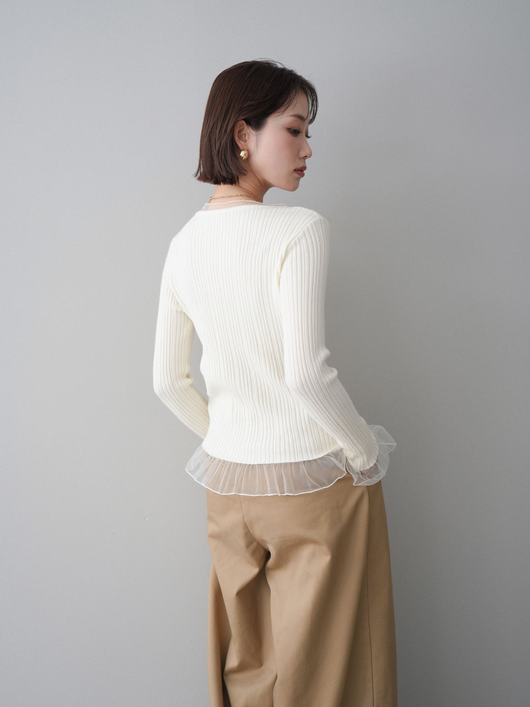 [予約]チュールレイヤードリブニットトップス/ivory