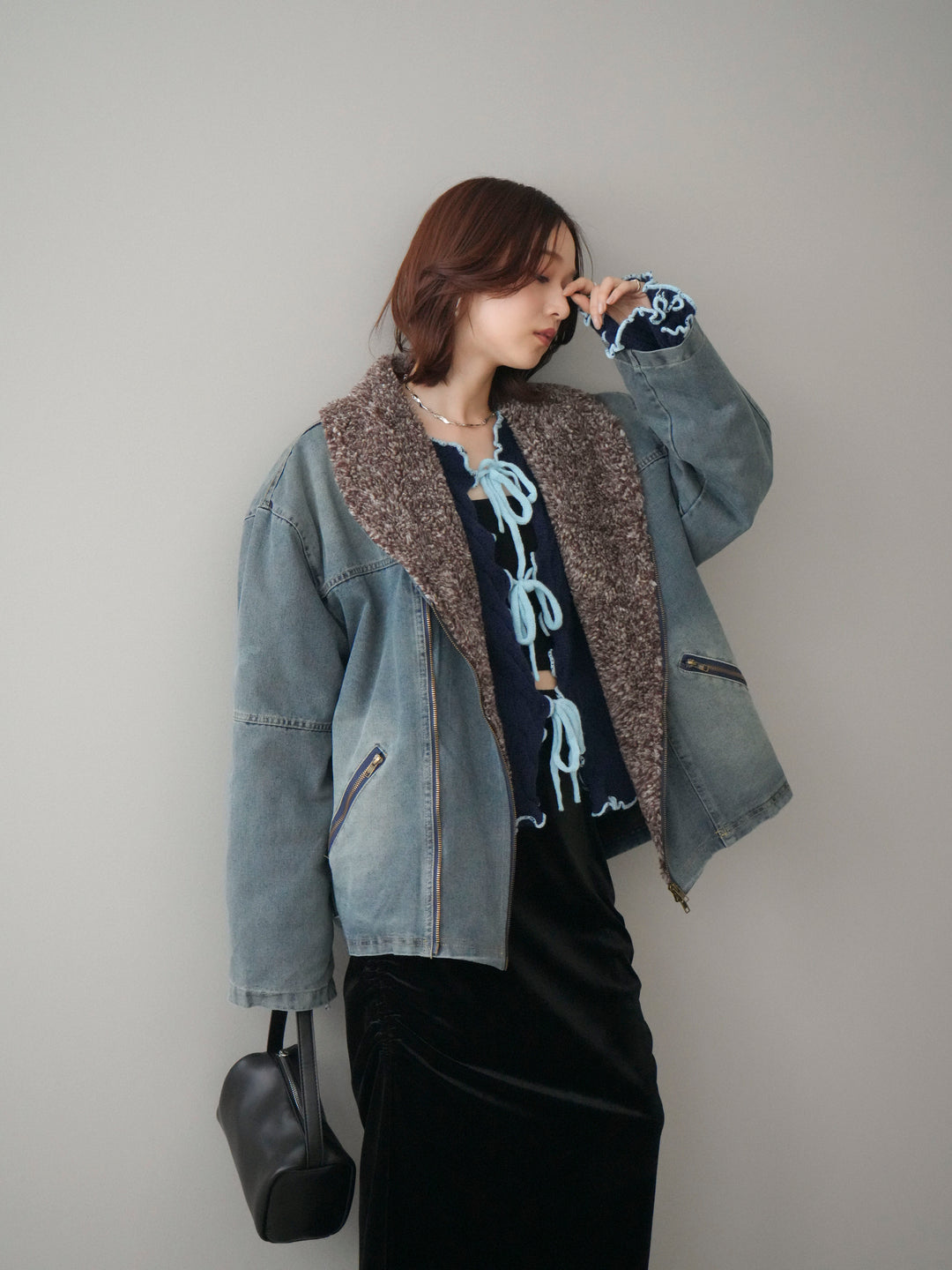 [SET]ミックスボアデニムジャケット+フロントリボン配色メローニットカーディガン(2set)