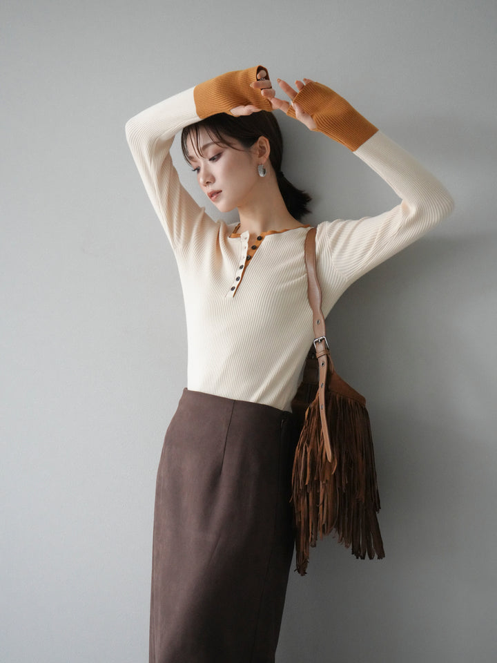 [3]ヘンリーネック配色リブニットトップス/アイボリー