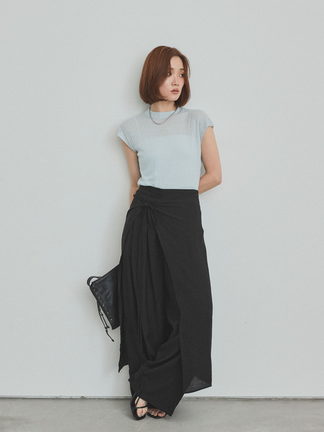 [予約]ワッシャーサテンレイヤードスカートパンツ/ブラック
