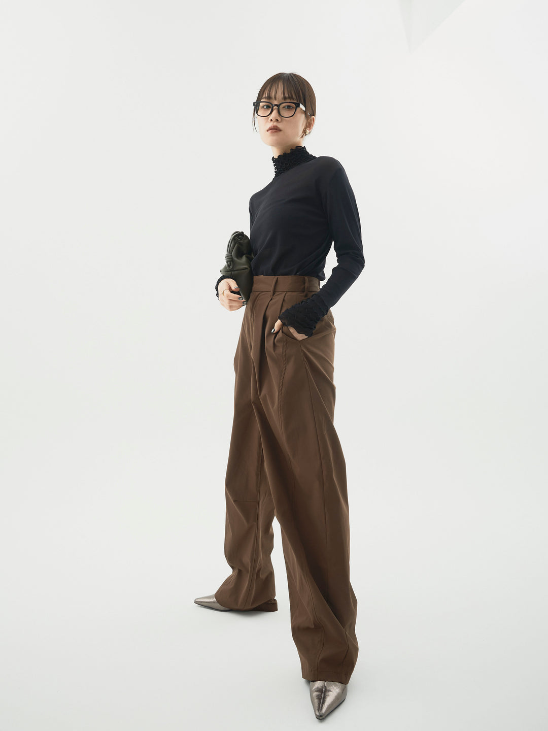 【Allure】[SET]シアーフリルメロートップス+タフタワイドカーブパンツ(2set)