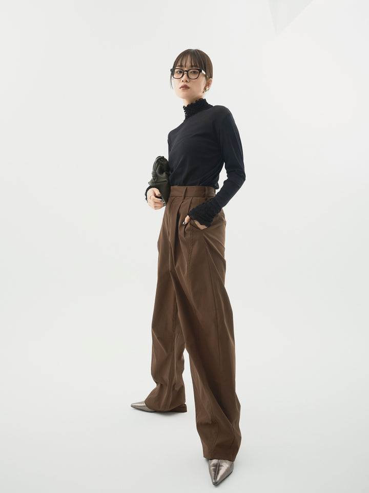 【Allure】[SET]シアーフリルメロートップス+タフタワイドカーブパンツ(2set)