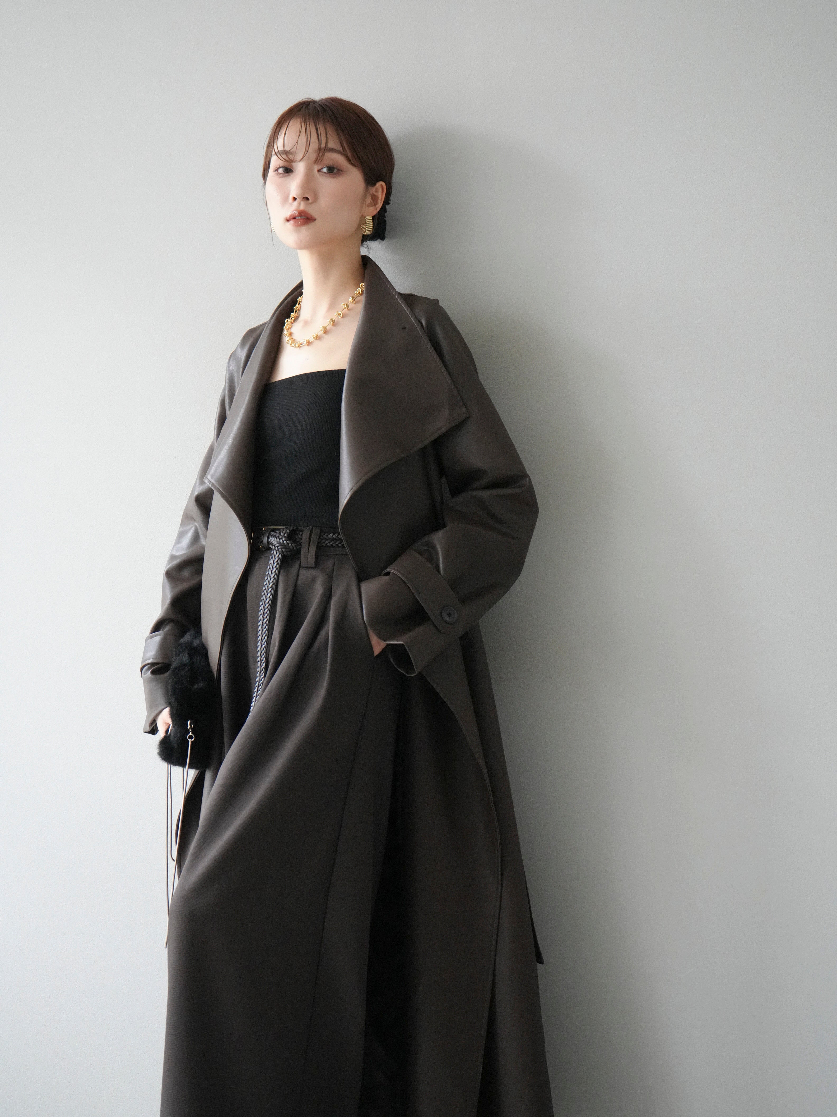 予約]BIGカラーレザーロングコート/ブラウン – Lumier