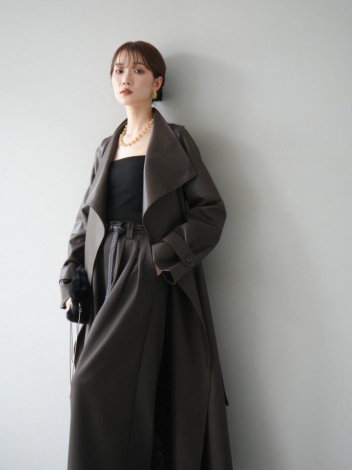 [予約]BIGカラーレザーロングコート/ブラウン