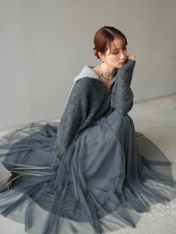 [予約]バイカラージップニットプルオーバー/charcoal