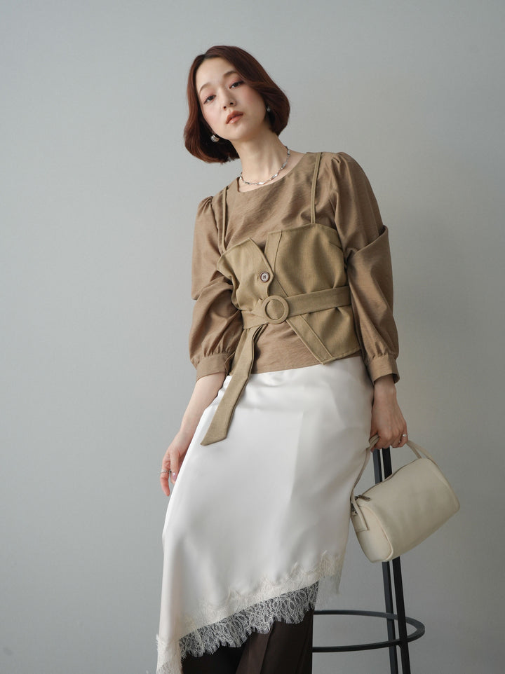 [SET]異素材ビスチェドッキングブラウス+センターシームフレアパンツ(2set)