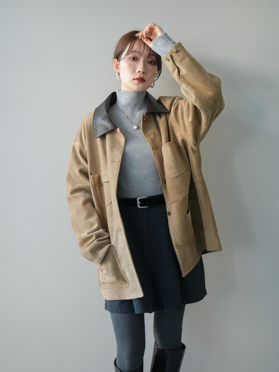 [SET]襟レザーステンカラースエードジャケット+襟レザーステンカラースエードジャケット(2set)