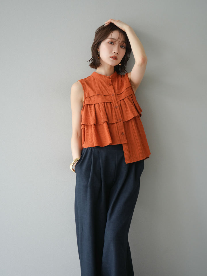 [予約]ドビーストライプアシンメトリーフリルノースリブラウス/テラコッタ