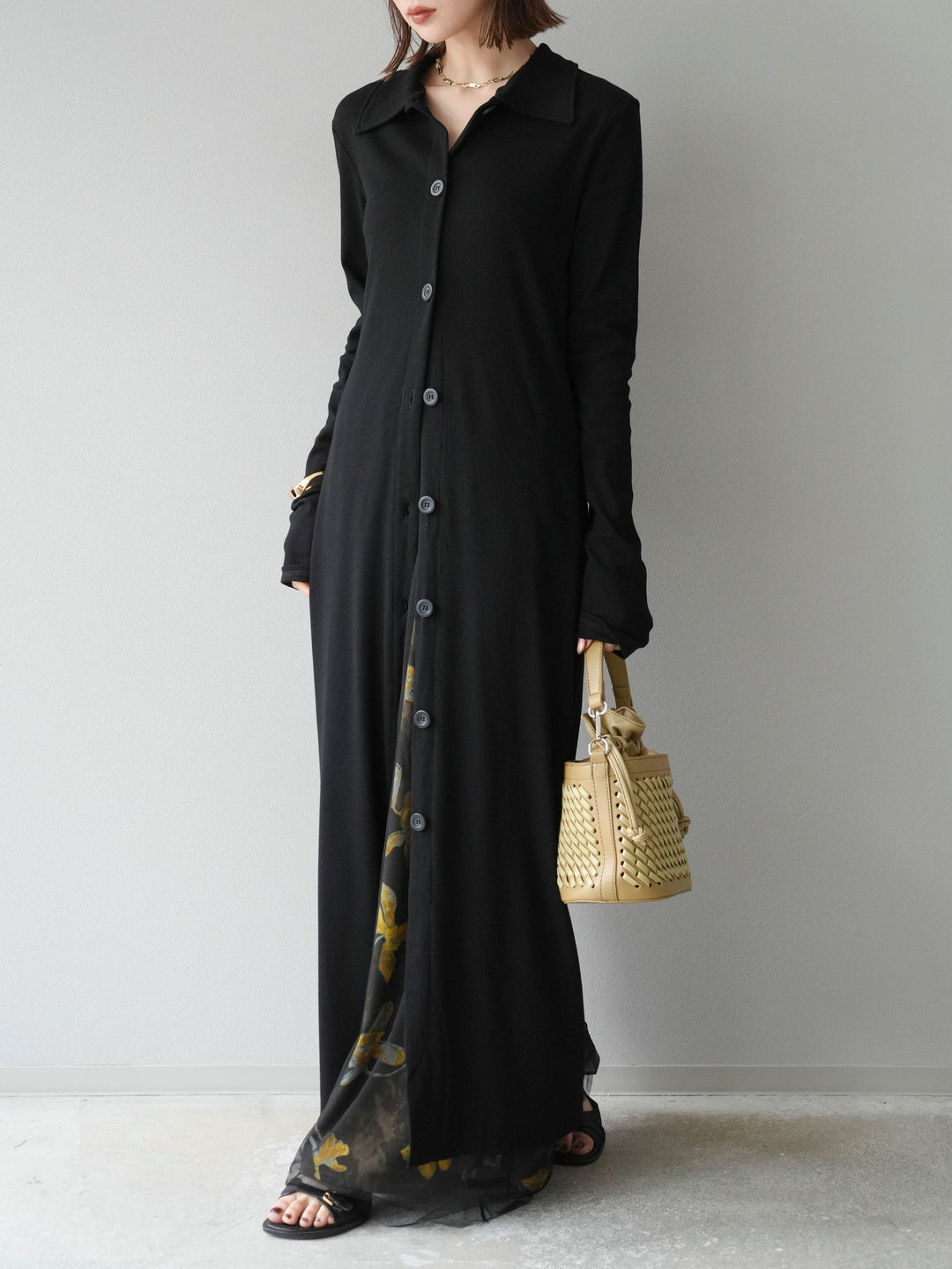 [SET]襟付きカットリブボタンワンピース+フラワープリントチュールレイヤードパンツ(2set)