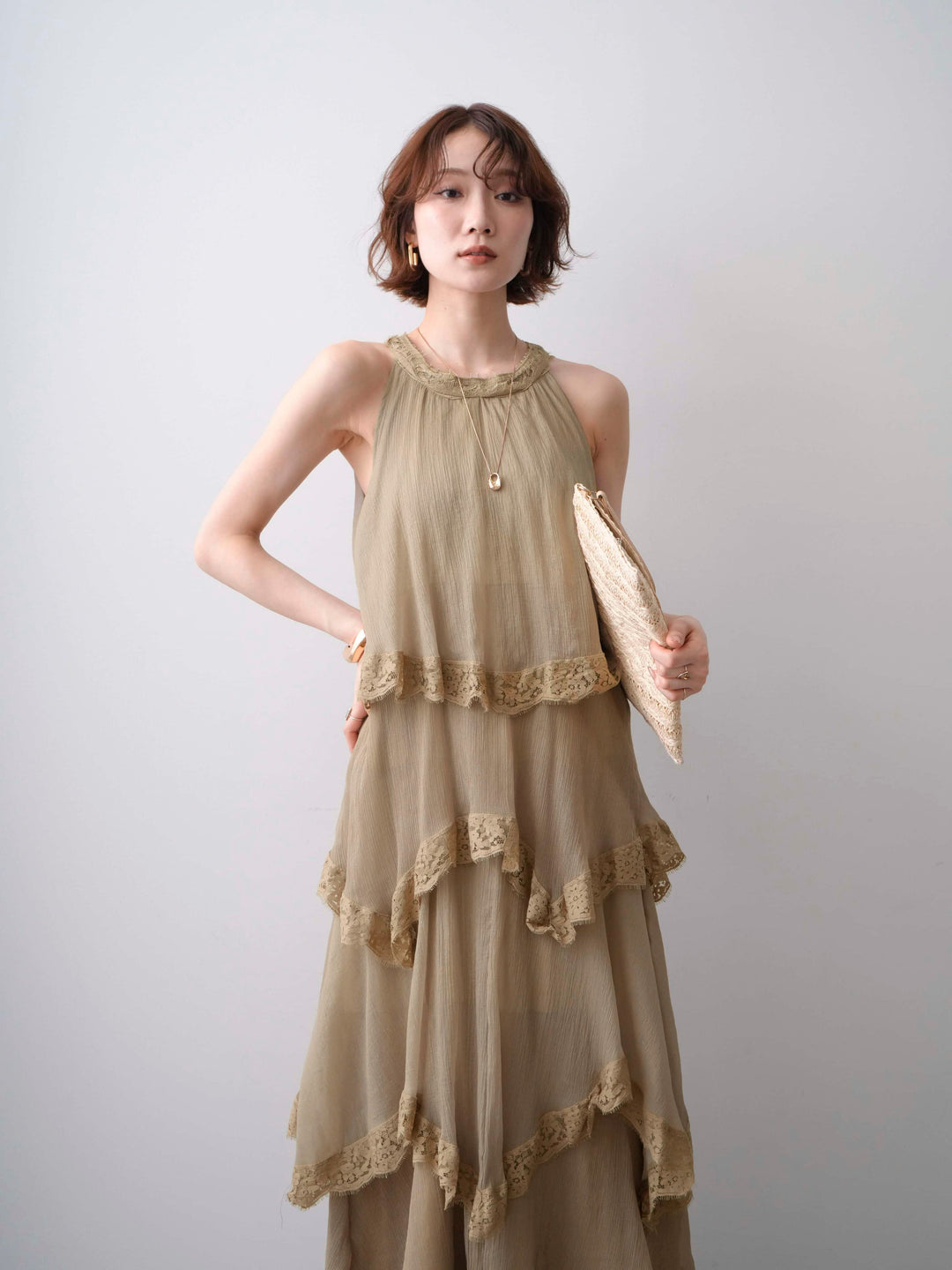 [予約]レースヘムティアードノースリドレス/khaki