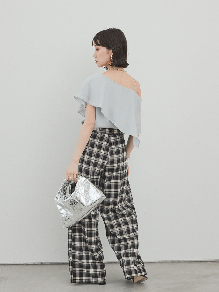 [SET]ワンショルラッフルブラウス+チェック柄ワイドパンツ(2set)
