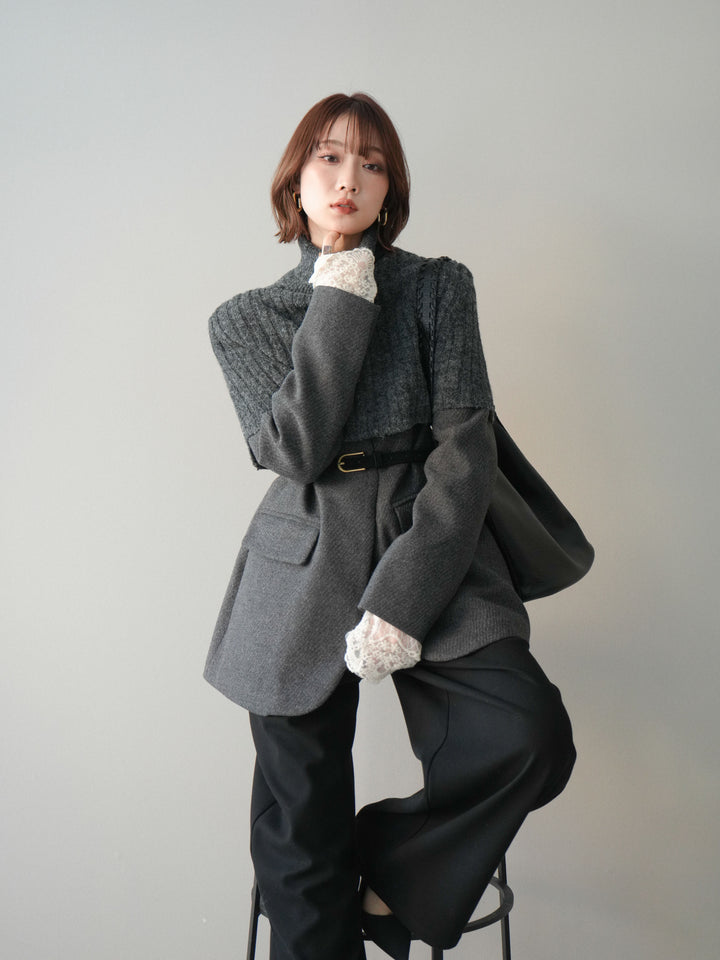 [20%オフ]ケープ付ノーカラージャケット/charcoal