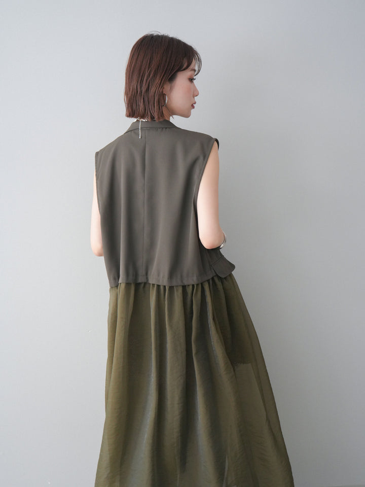 [SET]シアーレイヤードテーラードロングジレ+レーストリムキャミソール+2WAYデザインスウェットパンツ(3set)