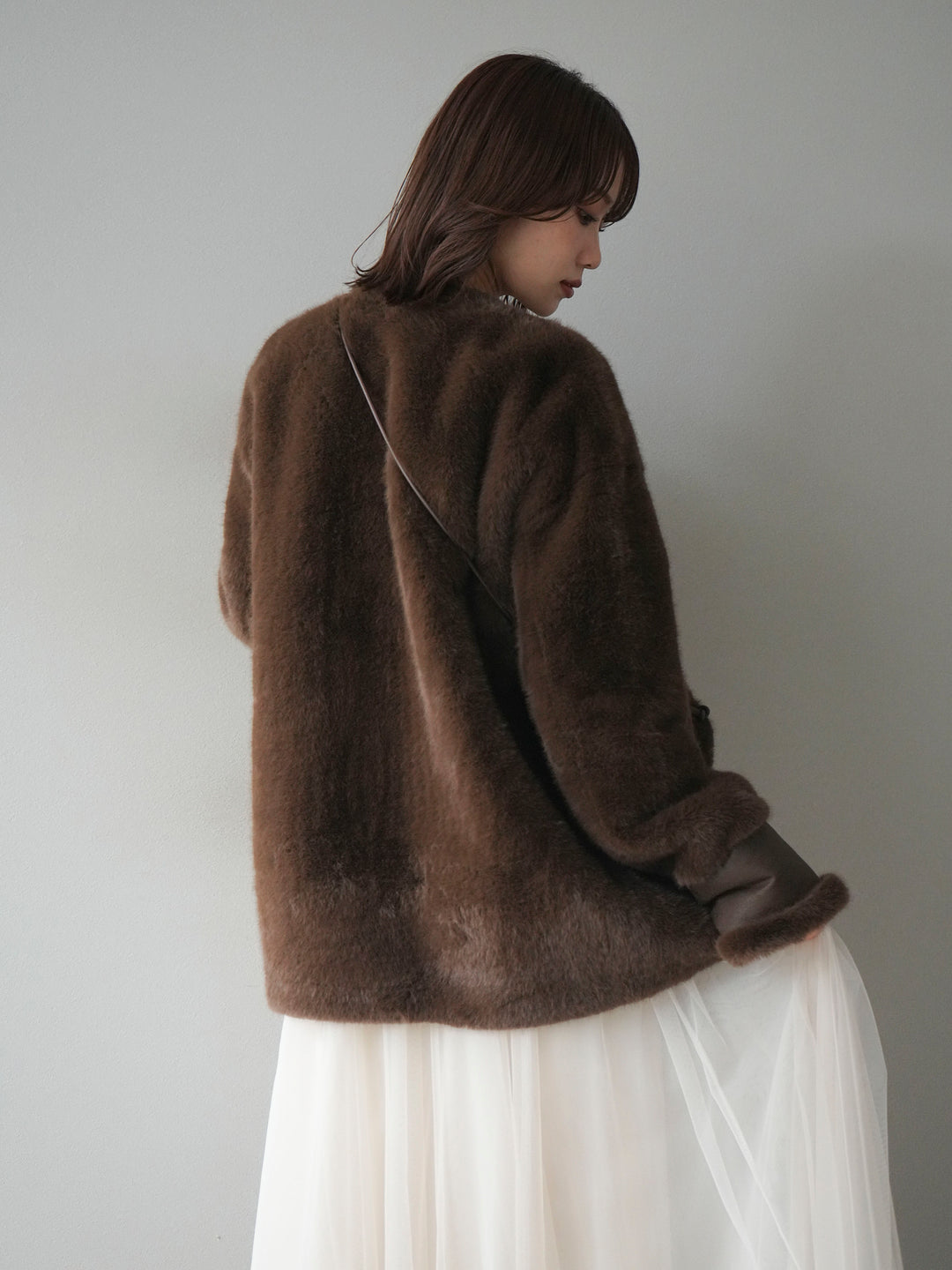 [SET]バッグ付エコファーノーカラーコート+チュールボリュームスカート(2set)