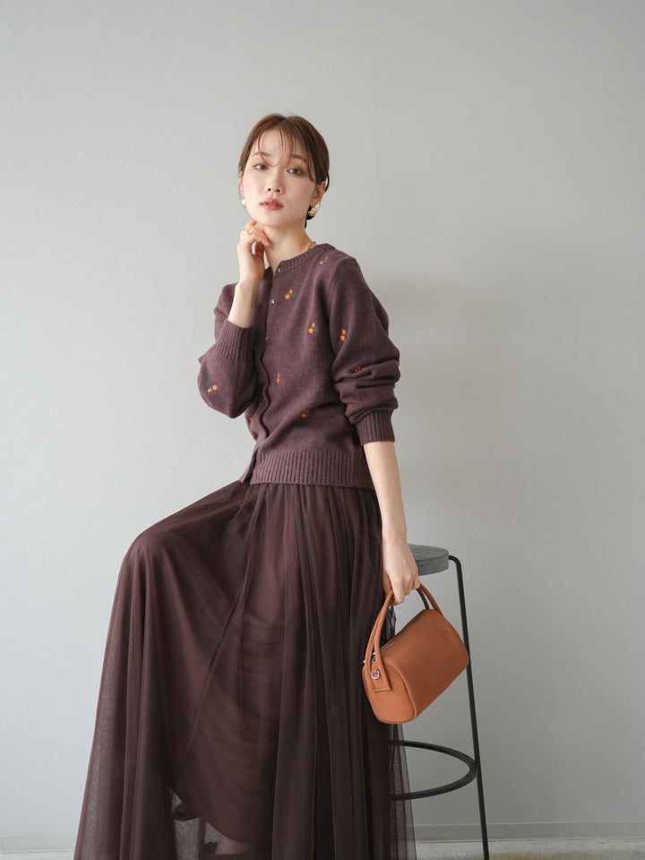 [SET]フラワー刺繍ニットカーディガン+チュールボリュームスカート(2set)