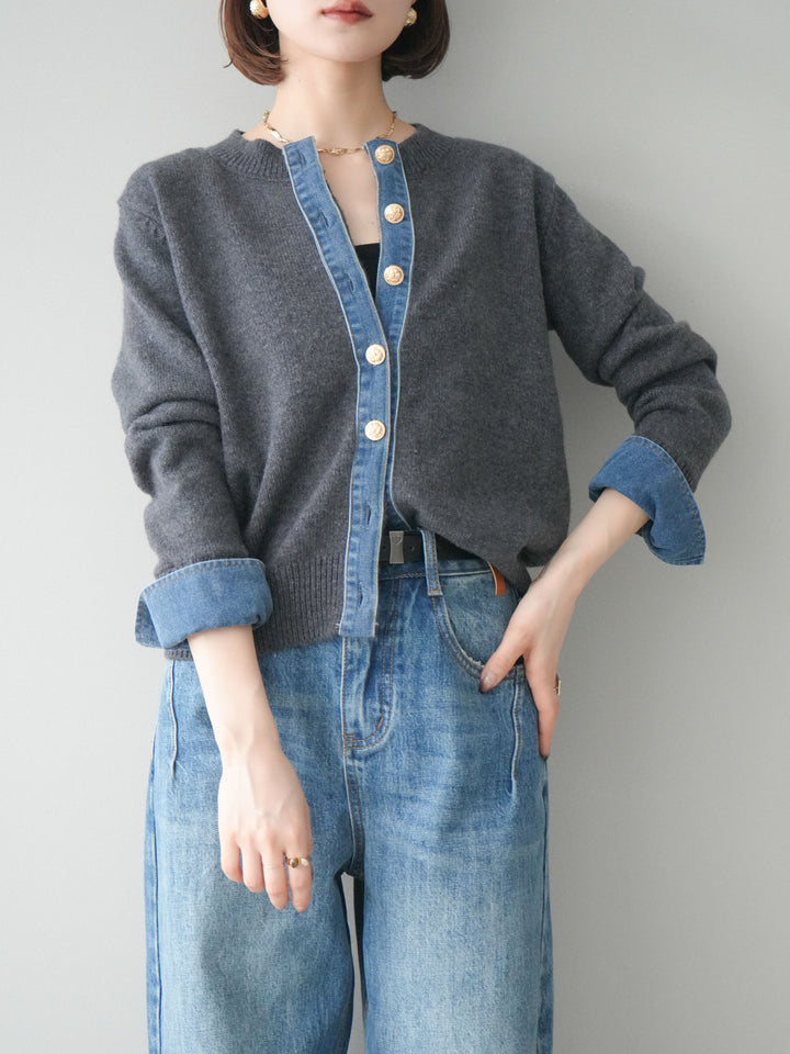 [SET]クルーネックデニムドッキングニットカーディガン+選べるアクセセット(2set)