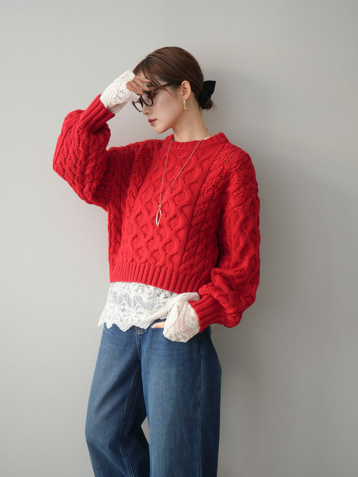 [予約]バルキーケーブルクロップドニットプルオーバー/red