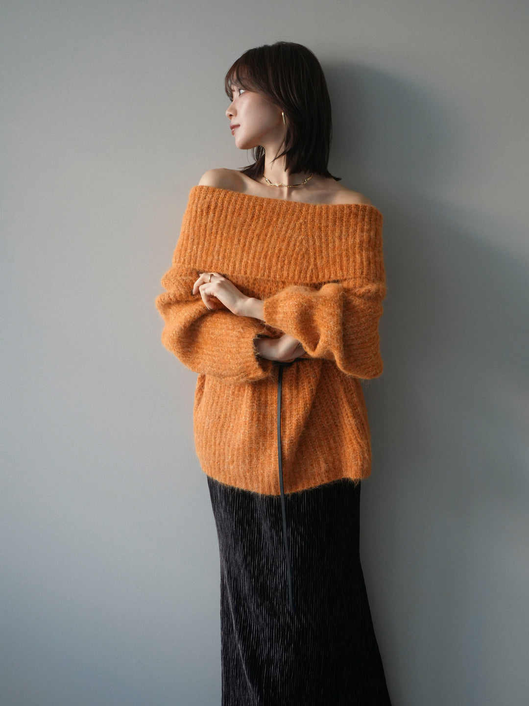 [予約]オフショルミックスニットプルオーバー/orange