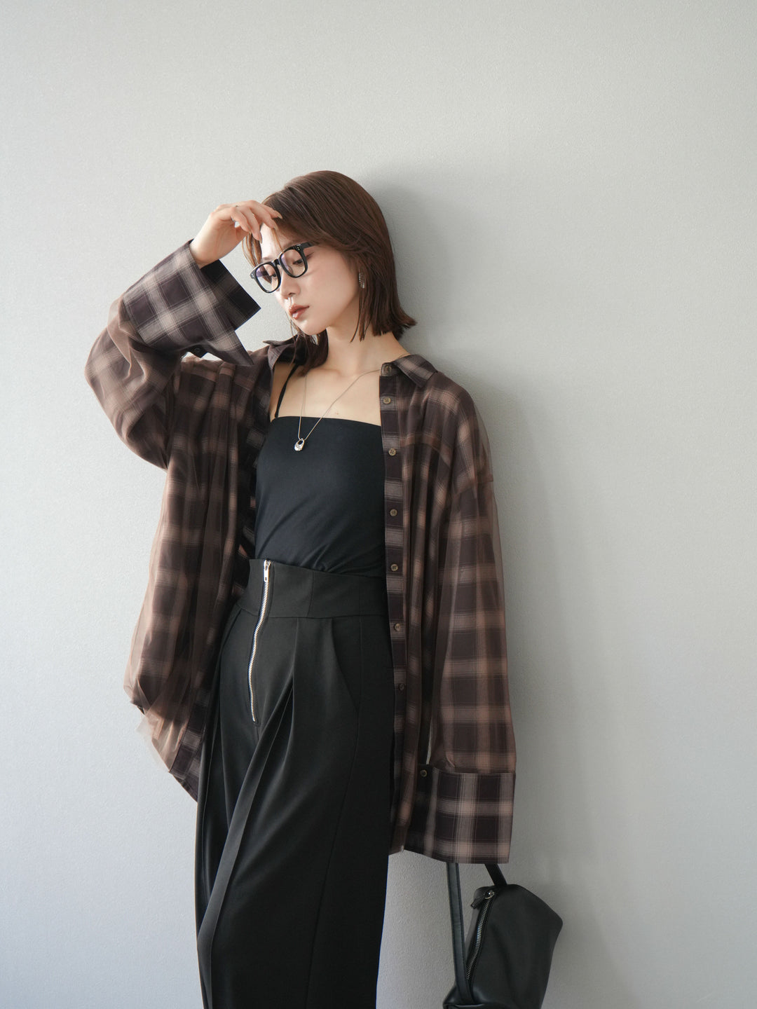 [予約]チュールドッキングチェック柄オーバーサイズシャツ/ブラウン