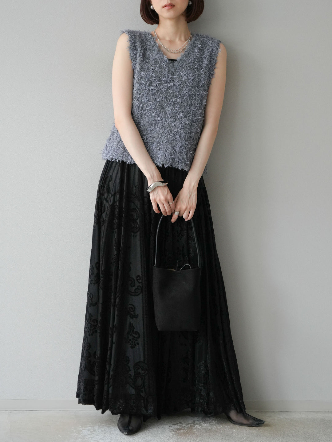 [予約]テープヤーンフリンジニットベスト/グレー