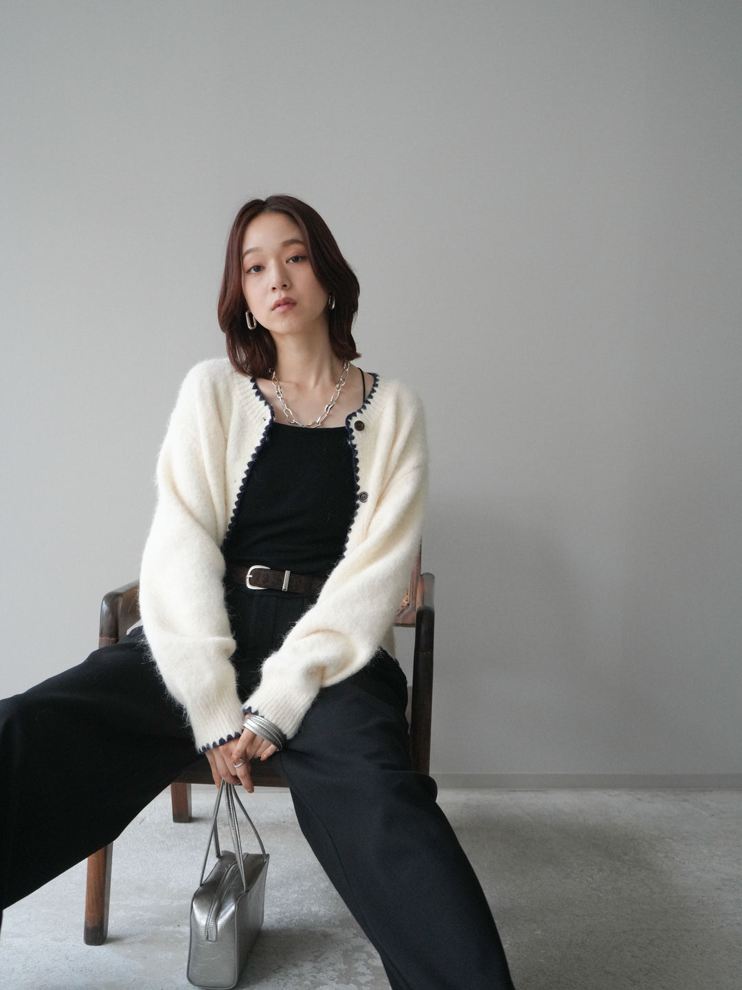 [SET]三角ステッチニットカーディガン+アニマル柄ベルト付きウールタッチワイドパンツ(2set)