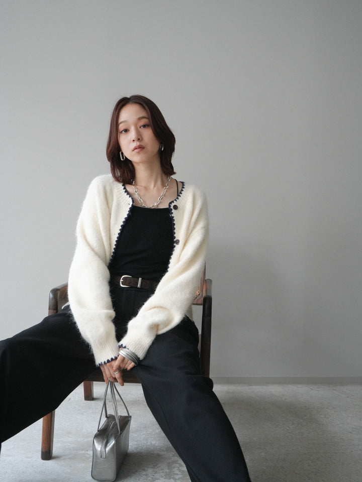 [SET]三角ステッチニットカーディガン+アニマル柄ベルト付きウールタッチワイドパンツ(2set)