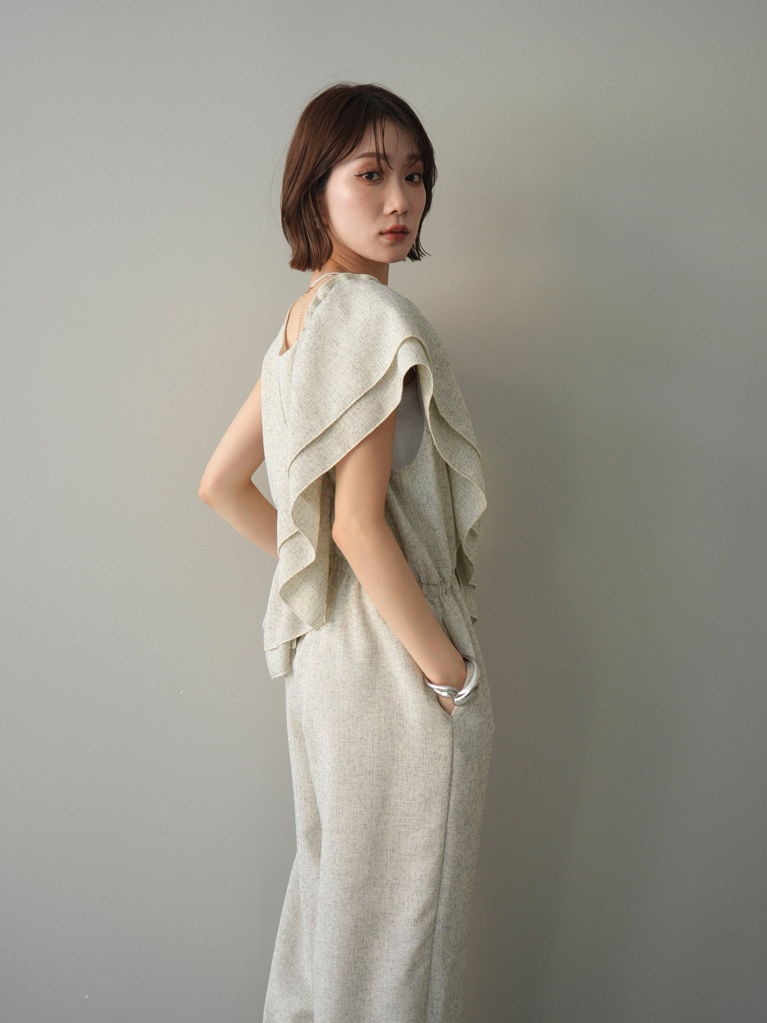 [SET]3WAYミックスツイードギャザーオールインワン+選べるアクセセット(2set)