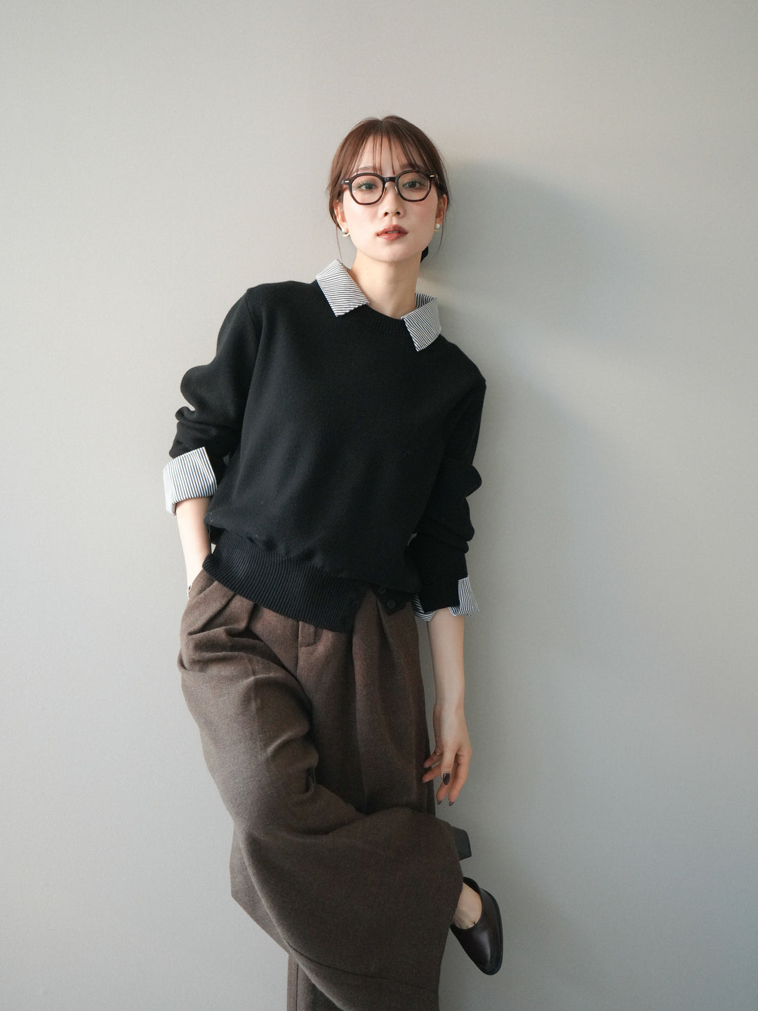 [予約]シャツドッキングデザイン裾ボタンニットプルオーバー/black