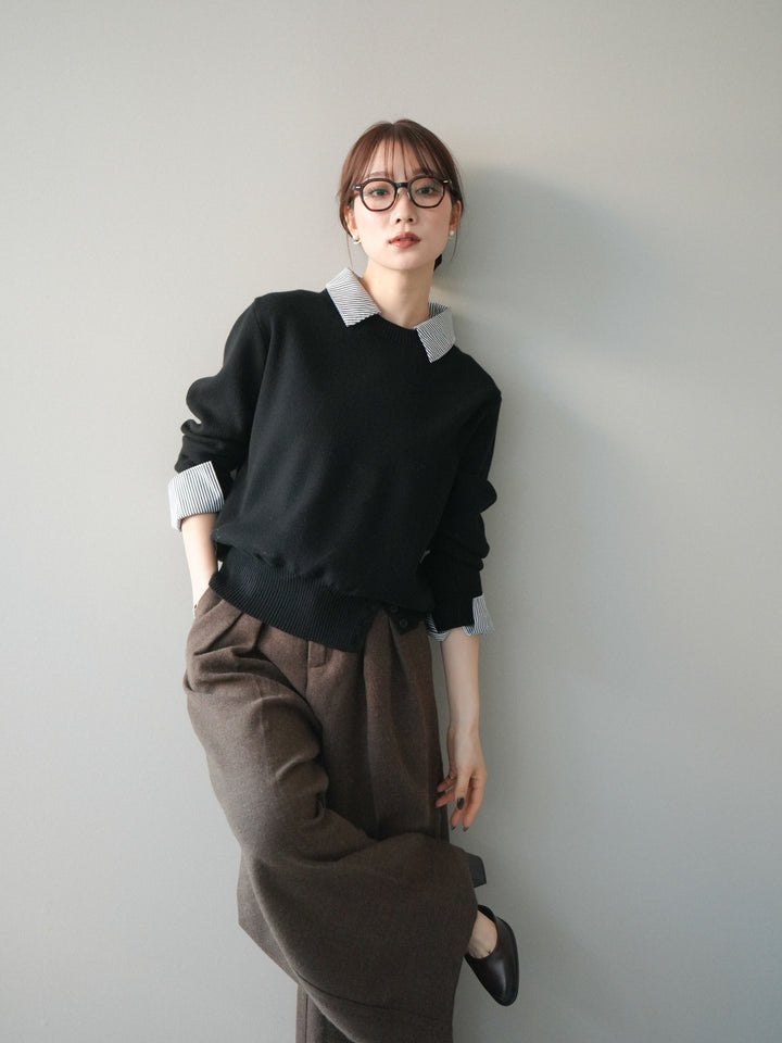 [予約]シャツドッキングデザイン裾ボタンニットプルオーバー/black