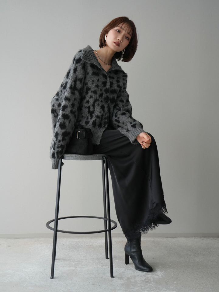 [予約]スタンドネックレオパード柄ニットカーディガン/gray