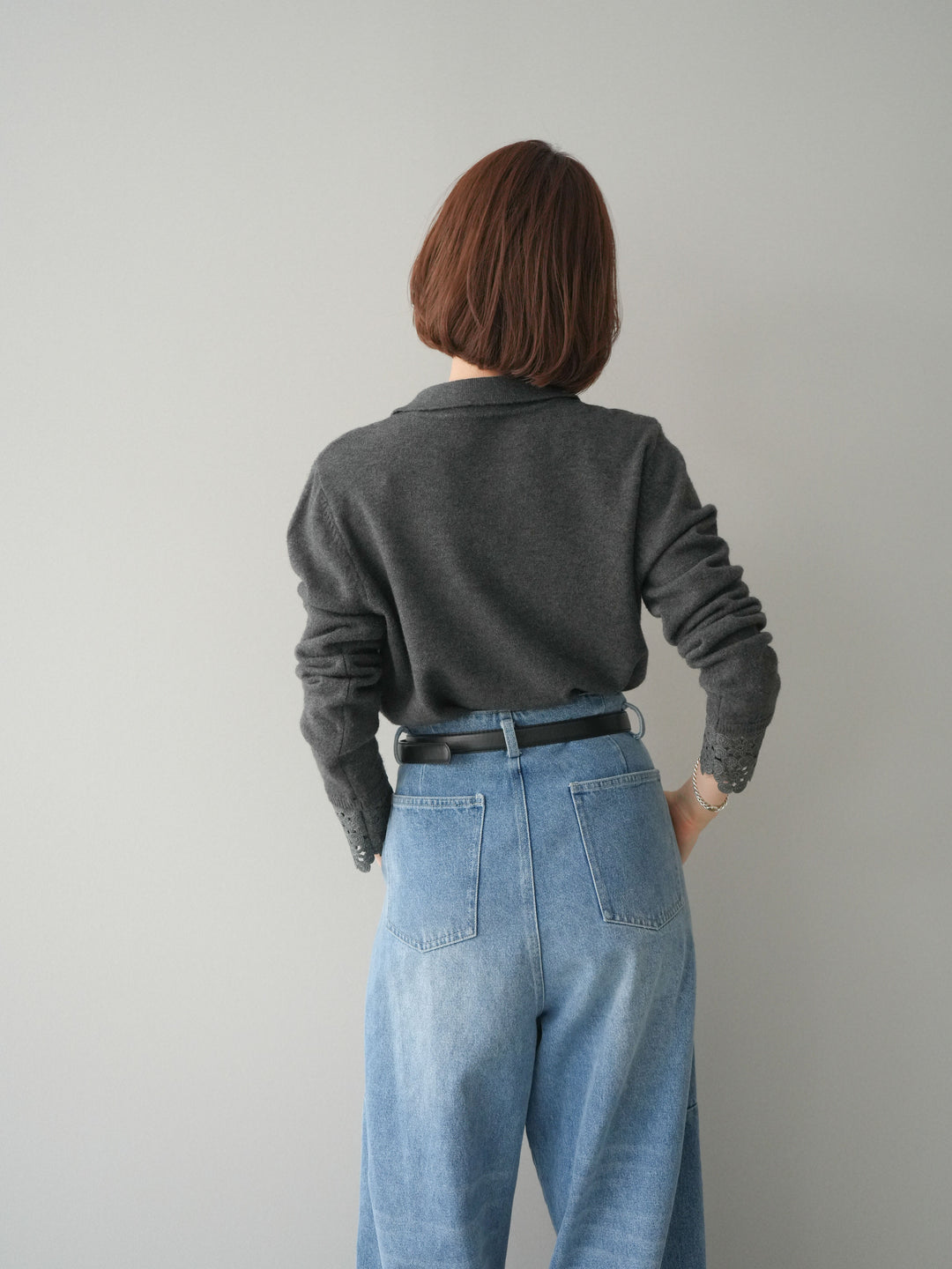 [SET]スカラップレース袖襟付きニットトップス+選べるアクセセット(2set)