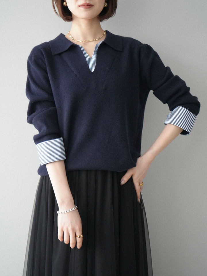 [予約]シャツレイヤードスキッパーニットプルオーバー/navy