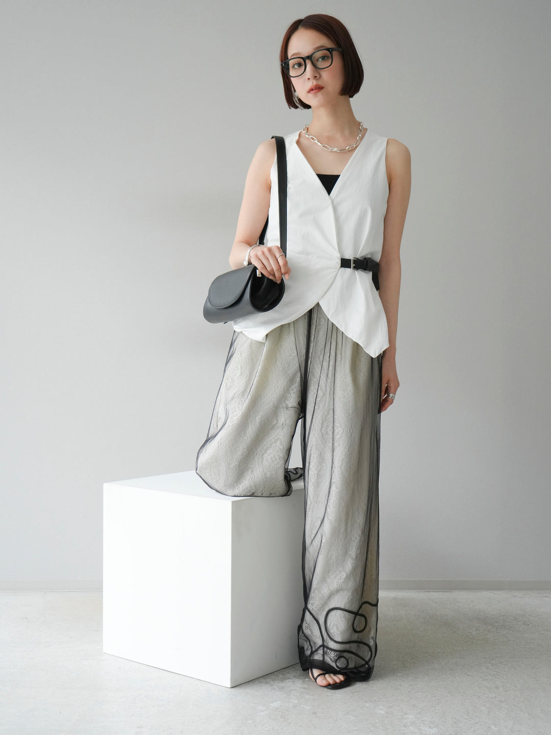 [SET]ベルトデザインバルーンブラウス+レースタックイージーパンツ(2set)