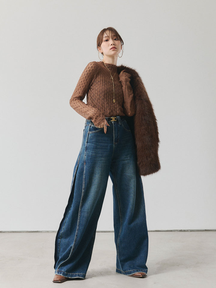 【Allure】[SET]フラワーレーストップス+フェイクファービックカラージャケット(2set)