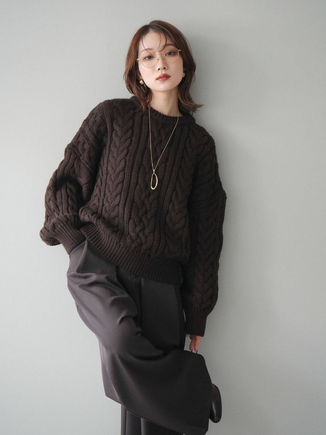 [SET]ボリュームケーブルニットプルオーバー+ベルトループデザインワイドパンツ(2set)