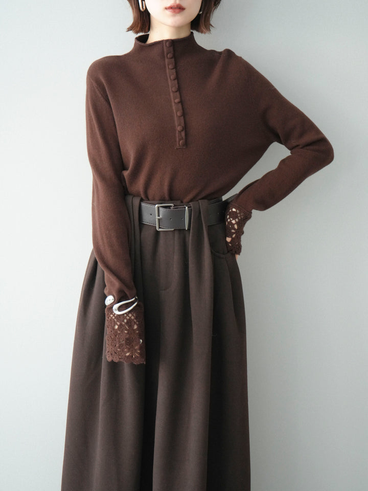 [予約]袖スカラップレースフロントボタンウールニットトップス/brown