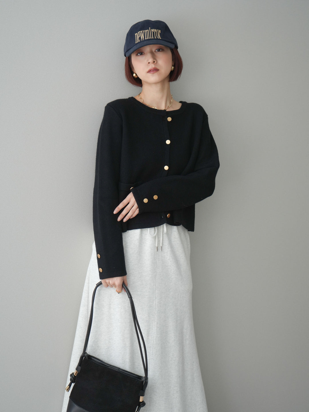 [予約]ゴールドボタンノーカラーニットジャケット/black