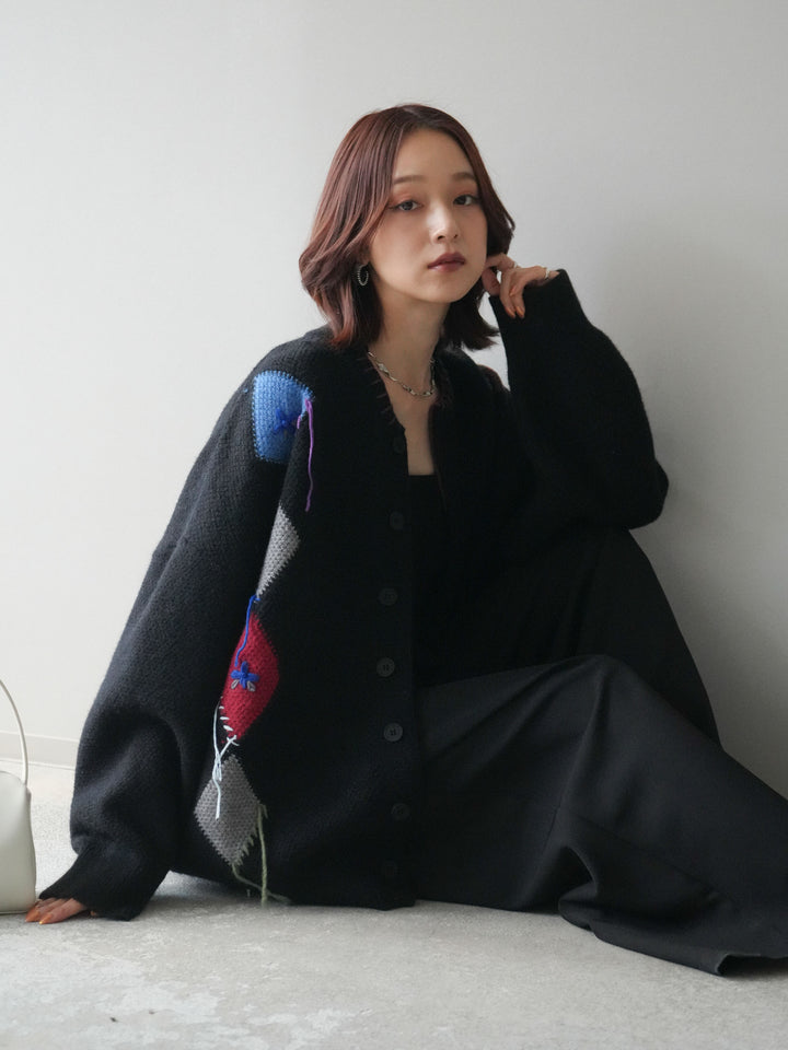 [SET]ハンドステッチアーガイルデザインニットカーディガン+ベルトループデザインワイドパンツ(2set)