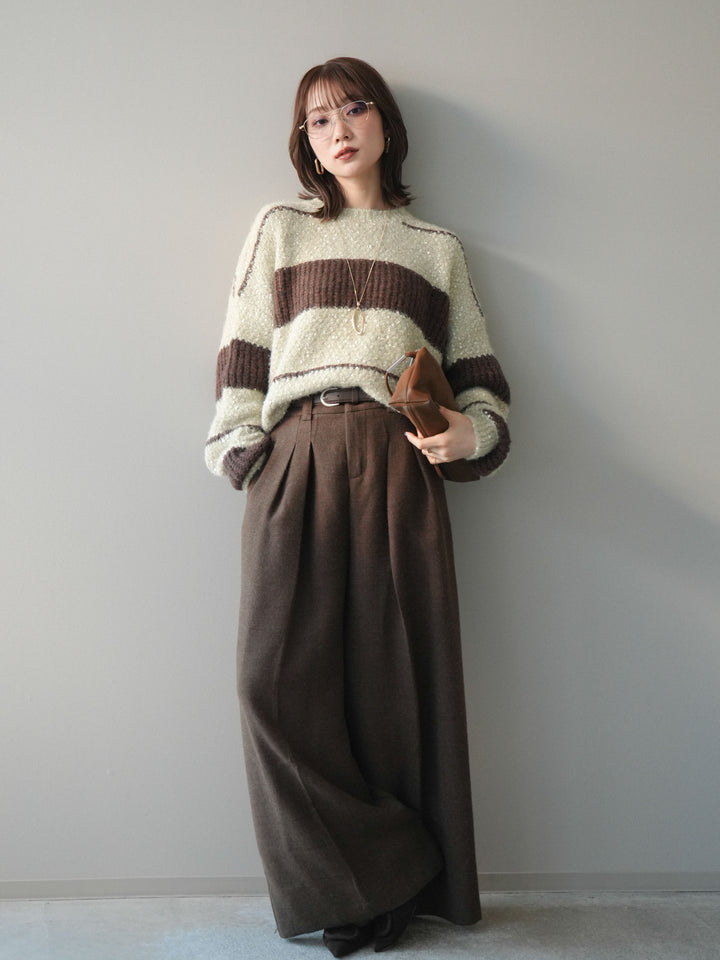 [SET]ネップヤーンボーダーニットプルオーバー+ウールタッチベルト付ワイドパンツ(2set)