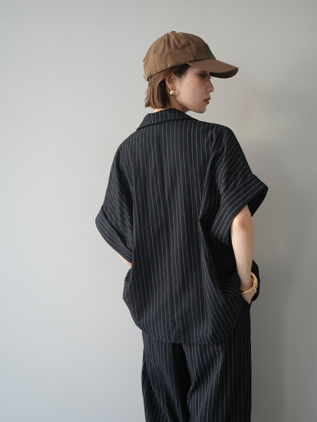 [SET]ストライプハーフスリーブオーバージャケット+ストライプリラックスワイドパンツ(2set)