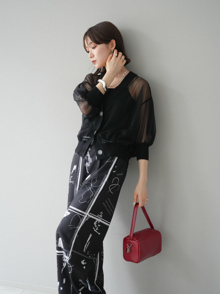 [SET] 透視半袖褶皺開襟衫 + 彩繪圖案褶襉褲 (2set)