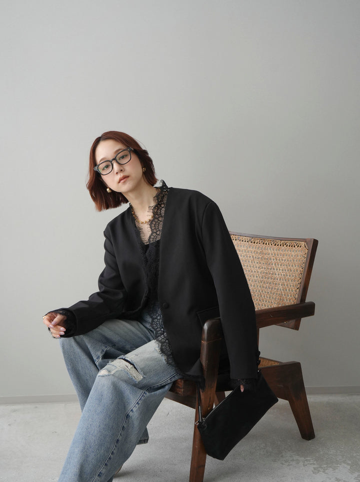 [SET]ノーカラーレースジャケット+ダメージデニムセミワイドパンツ(2set)