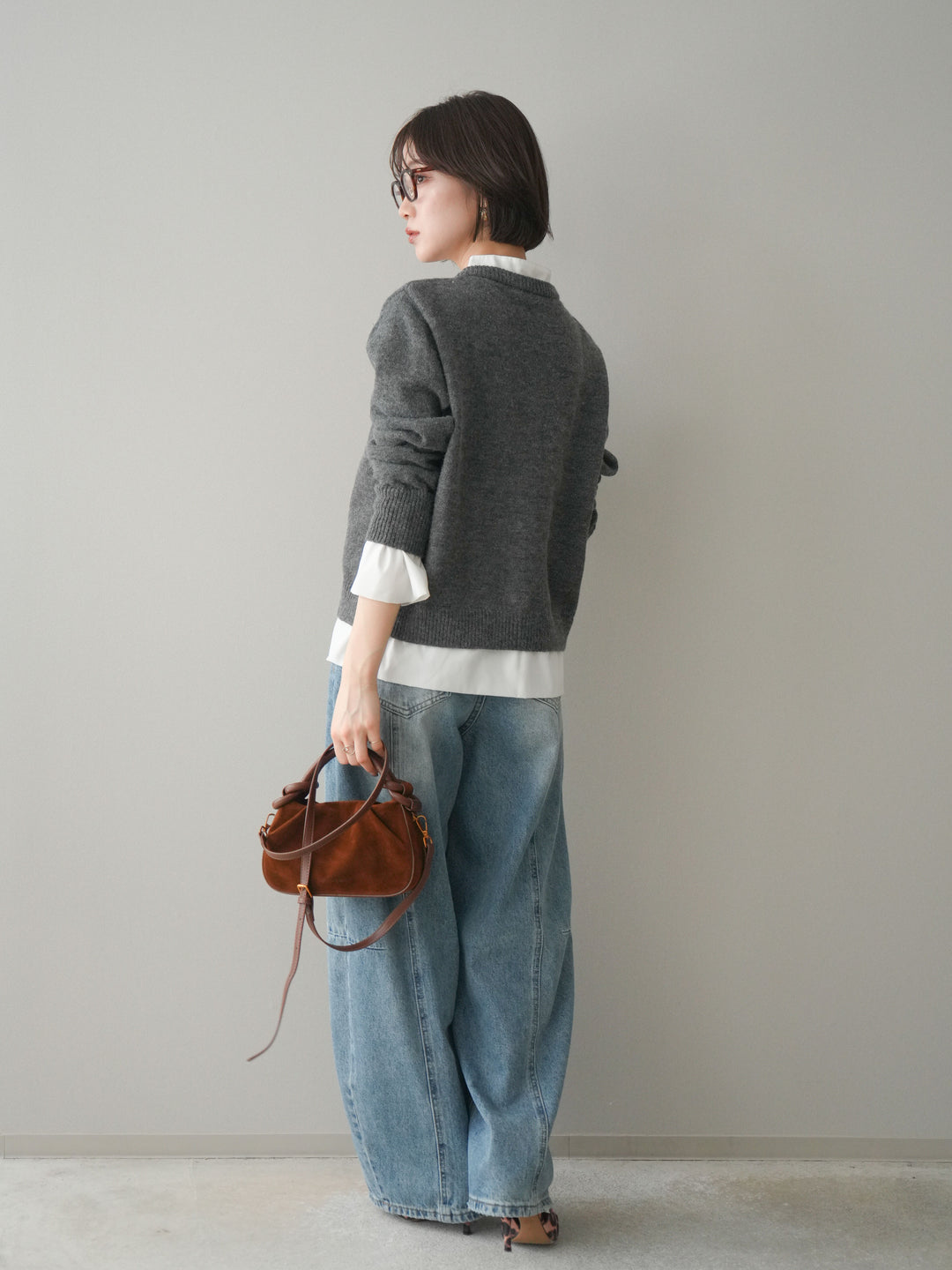 [SET]布帛ドッキングニットカーディガン+ガーメントウォッシュカーブデニムパンツ(2set)