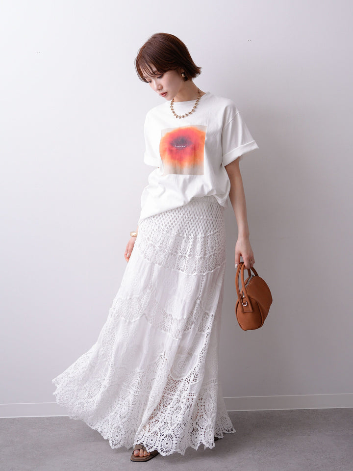 [SET]ニュアンスフローラルフォトTEE+クロシェマキシスカート(2set)