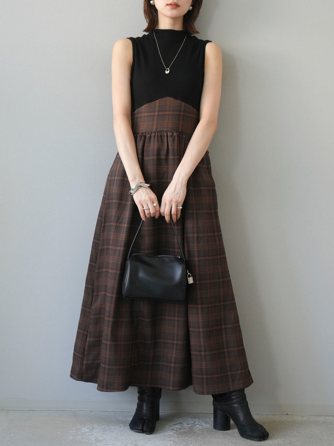 [SET]テレコ×チェックドッキングノースリワンピース+選べるアクセセット(2set)