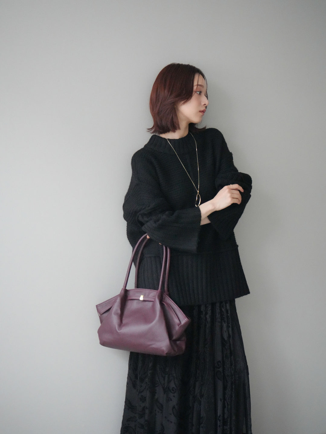 [SET]編み地切替ボトルネックニットプルオーバー+アンティーク柄フロッキーマキシスカート(2set)