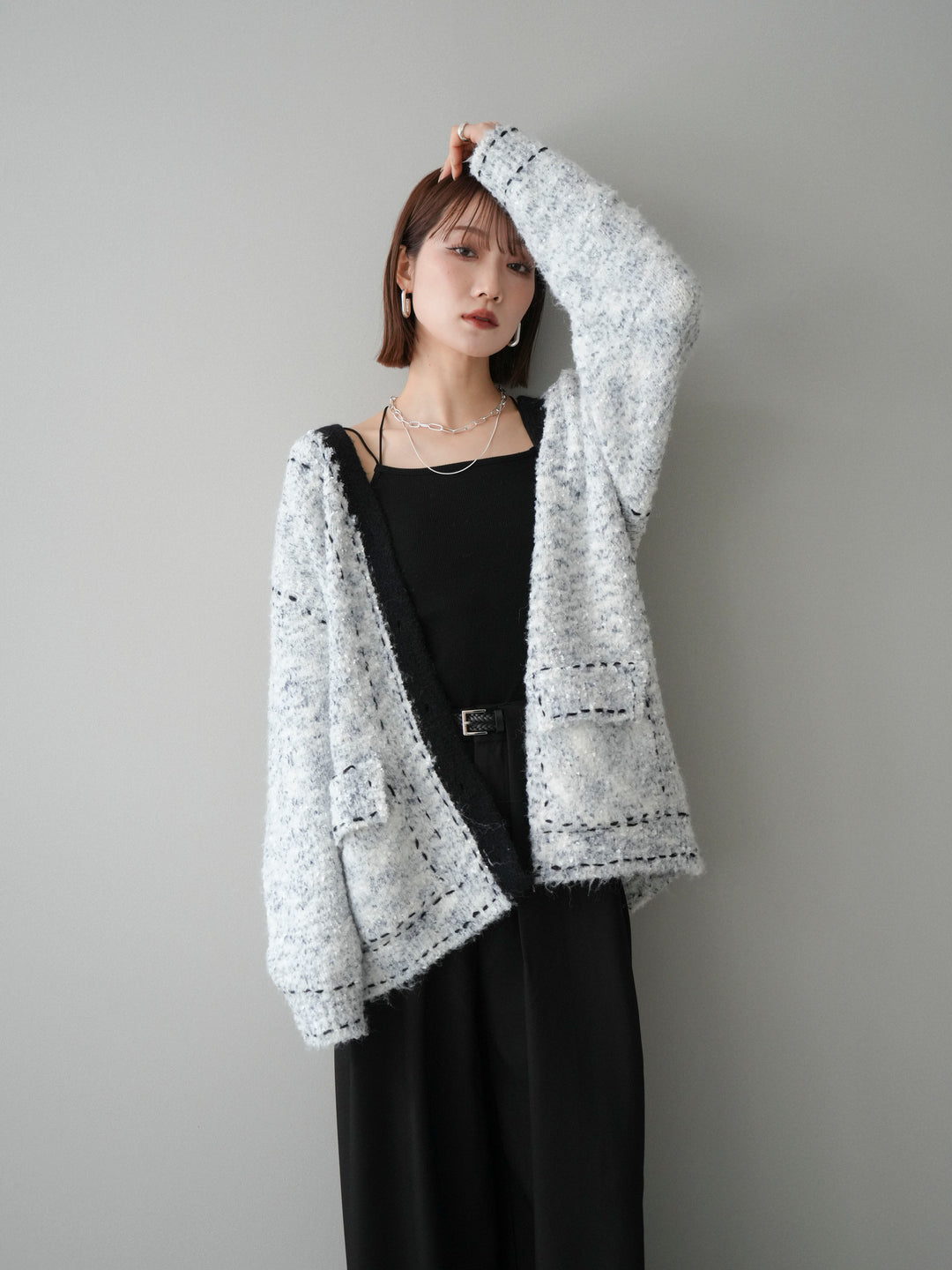 [SET]ブークレハンドステッチニットカーディガン+ベルトループデザインワイドパンツ(2set)