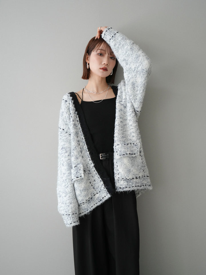 [SET]ブークレハンドステッチニットカーディガン+ベルトループデザインワイドパンツ(2set)